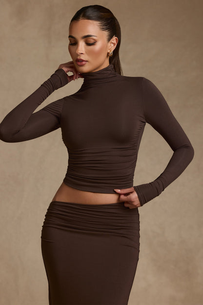 Modal Ruched Backless Turtleneck Top in Chocolate Brown