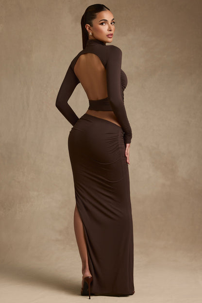 Modal Ruched Backless Turtleneck Top in Chocolate Brown