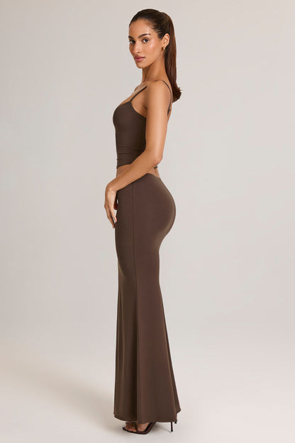Modal Mid-Rise Fishtail Maxi Skirt in Chocolate Brown