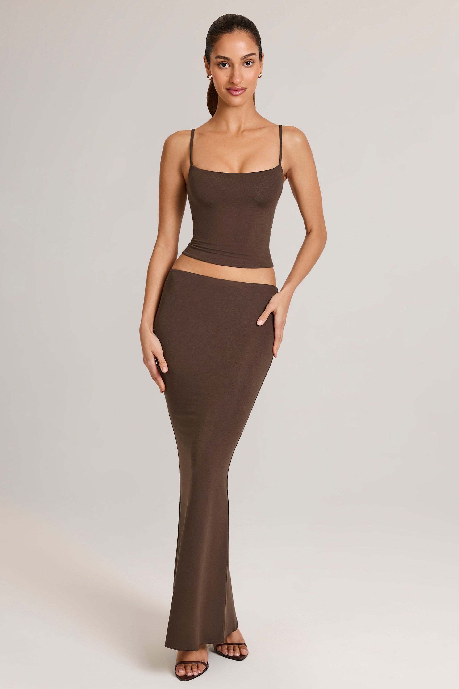 Modal Mid-Rise Fishtail Maxi Skirt in Chocolate Brown