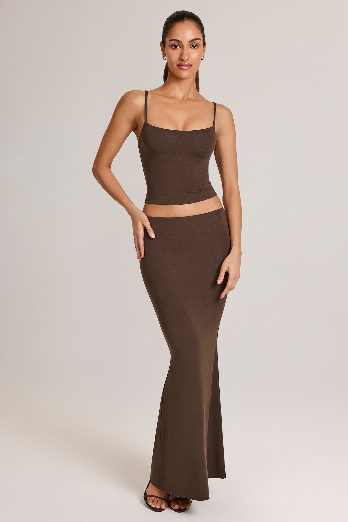 Modal Mid-Rise Fishtail Maxi Skirt in Chocolate Brown