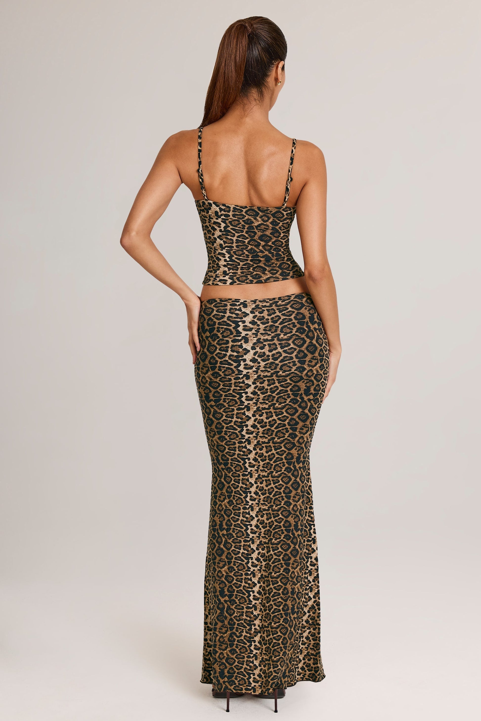 Modal Mid-Rise Fishtail Maxi Skirt in Leopard Print