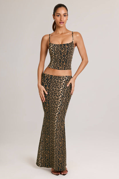 Modal Mid-Rise Fishtail Maxi Skirt in Leopard Print