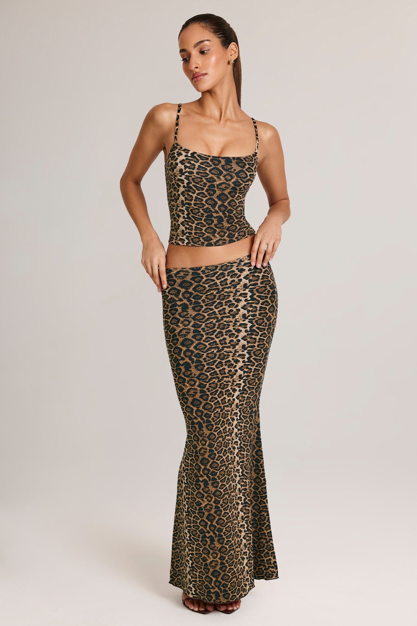 Modal Mid-Rise Fishtail Maxi Skirt in Leopard Print