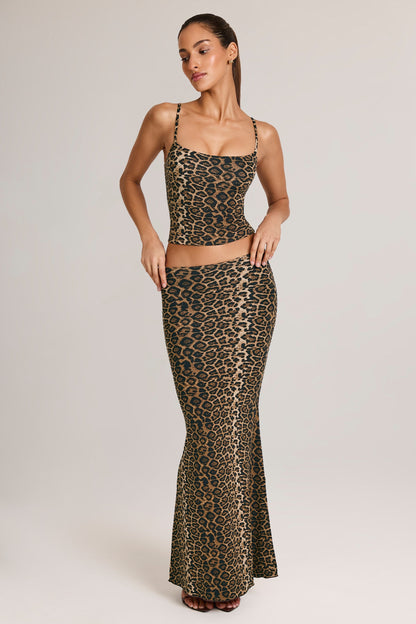 Modal Mid-Rise Fishtail Maxi Skirt in Leopard Print