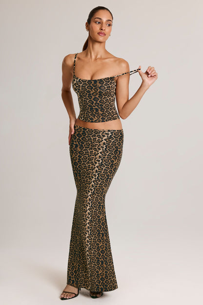 Modal Mid-Rise Fishtail Maxi Skirt in Leopard Print