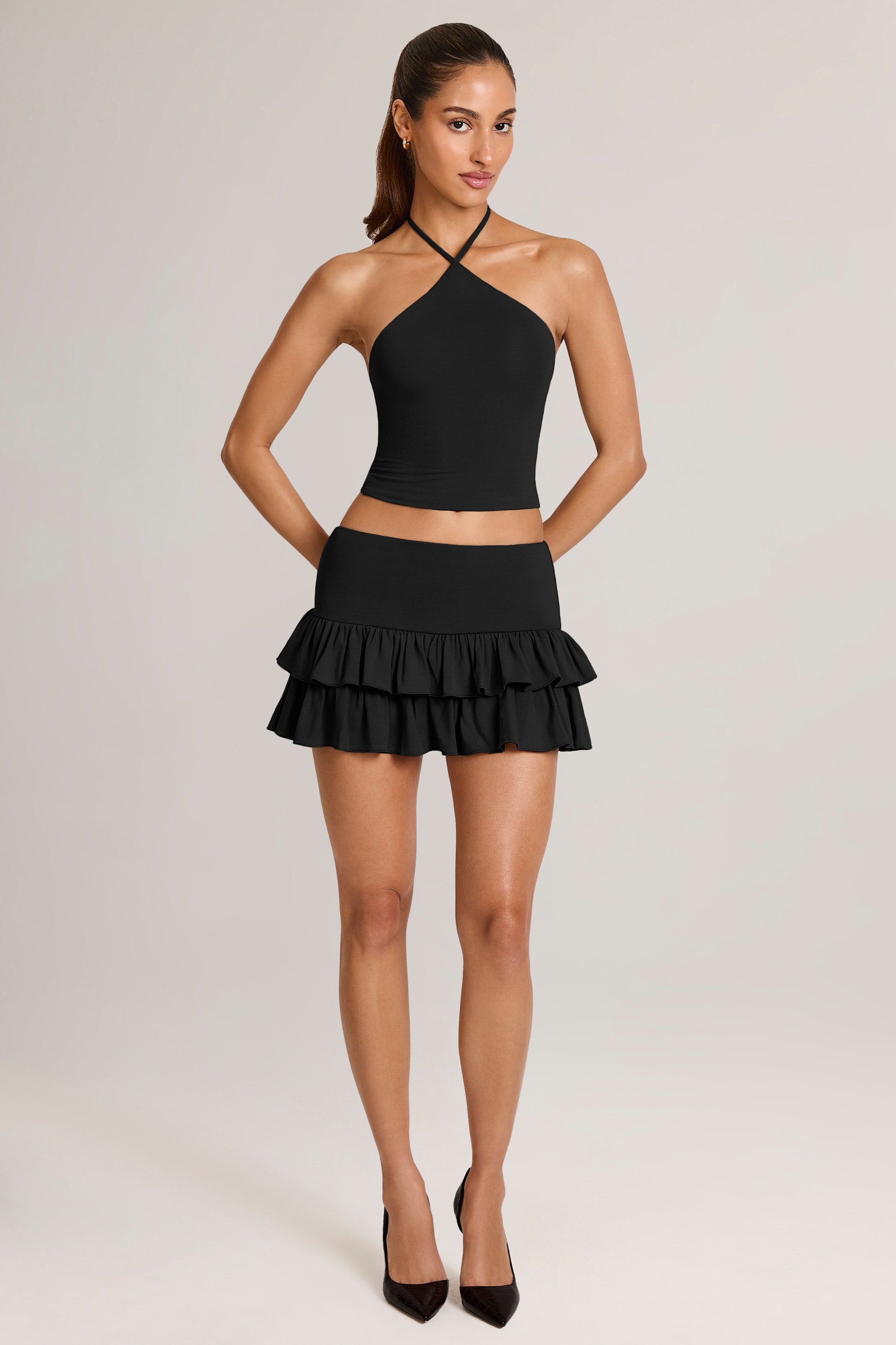 Modal Ruffle Mid-Rise Mini Skirt in Black
