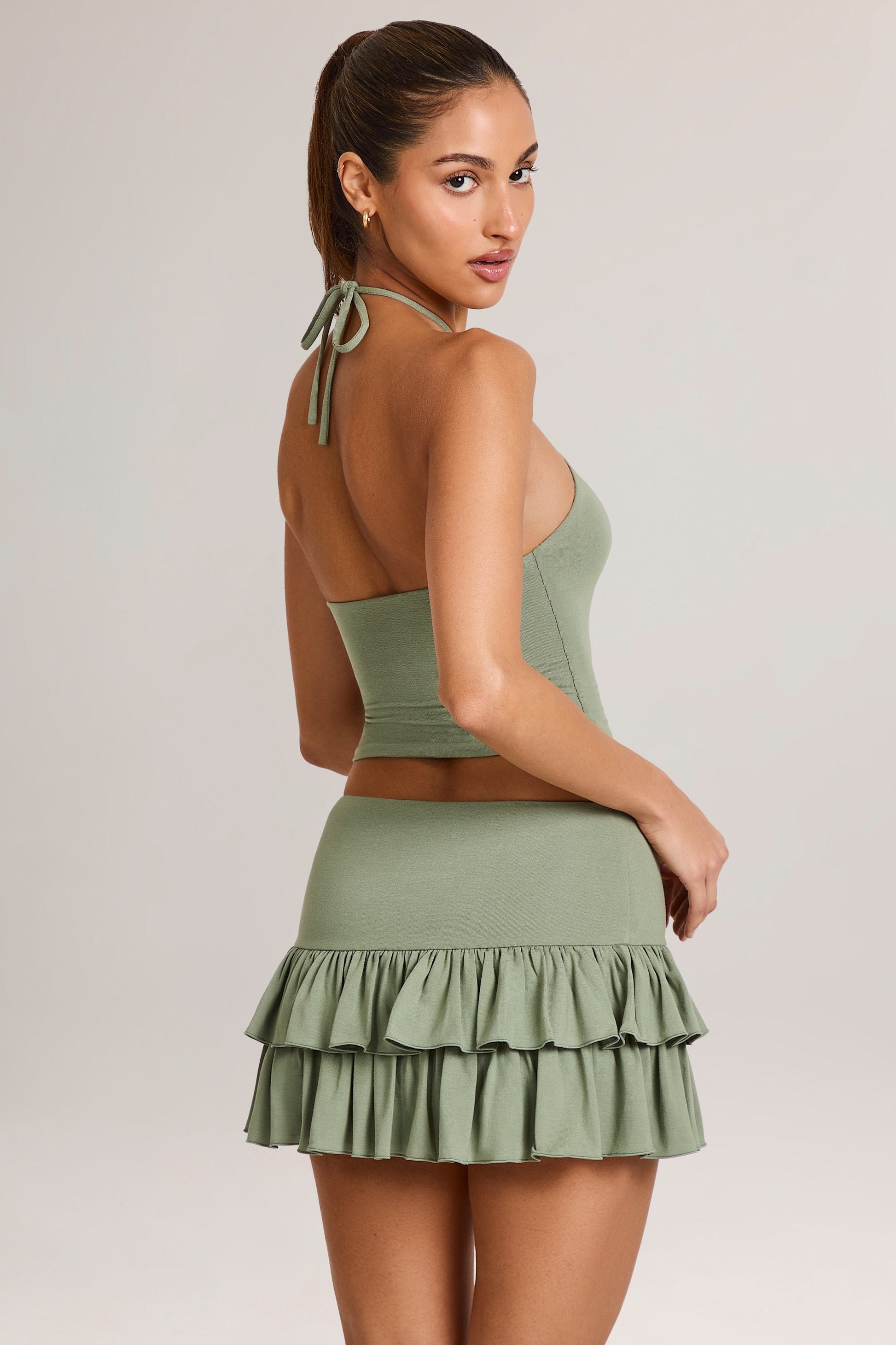 Modal Ruffle Mid-Rise Mini Skirt in Sage Green