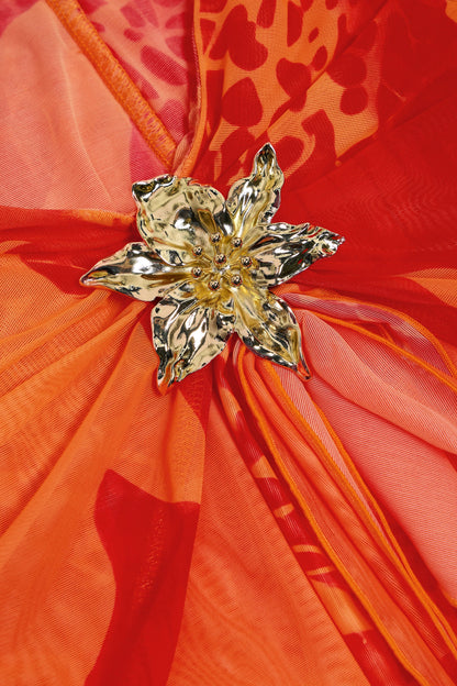 Ruched Hardware-Detail Fishtail Maxi Skirt in Orange Orchid Print