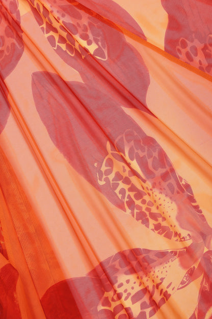 Ruched Hardware-Detail Fishtail Maxi Skirt in Orange Orchid Print