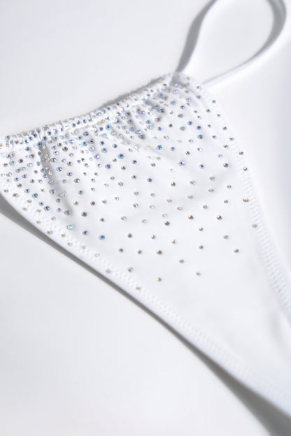 Embellished Drawstring Thong Bikini Bottoms in White