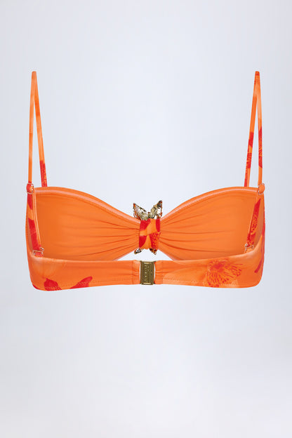 Hardware-Detail Halterneck Bikini Top in Orange Orchid Print