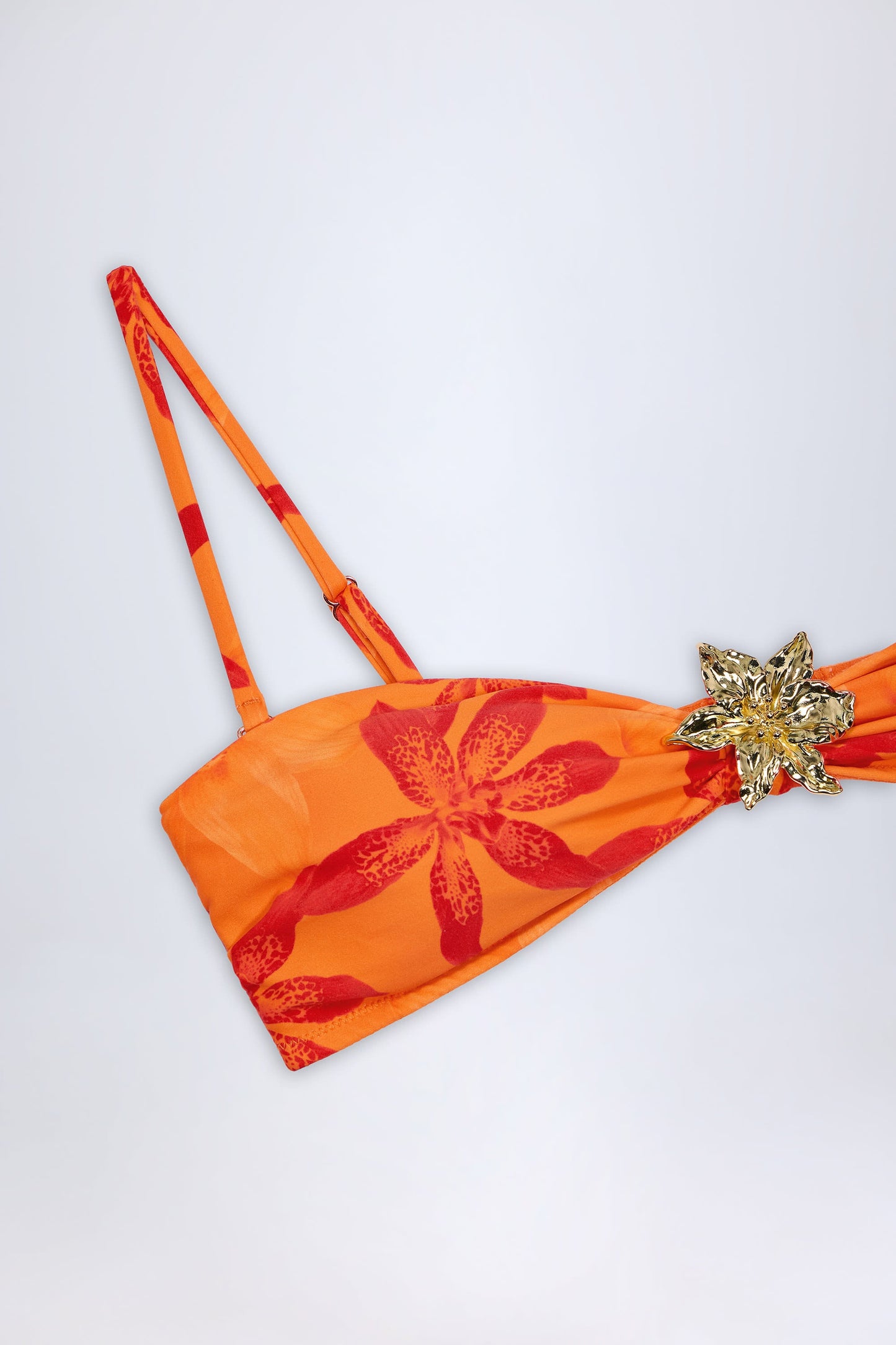 Hardware-Detail Halterneck Bikini Top in Orange Orchid Print