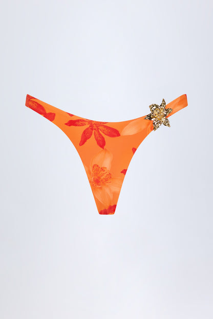Hardware-Detail Cheeky Bikini Bottoms in Orange Orchid Print