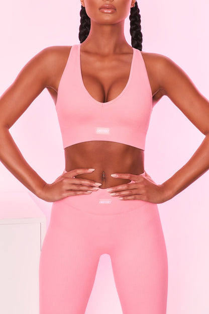 Ribbed Plunge Neck Sports Bra in Coral