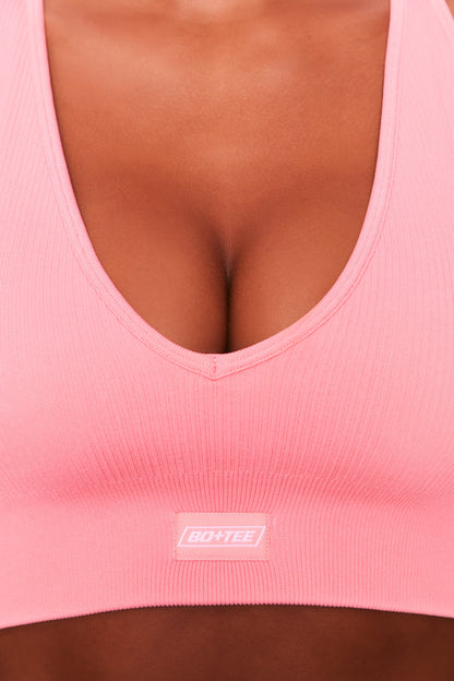 Ribbed Plunge Neck Sports Bra in Coral
