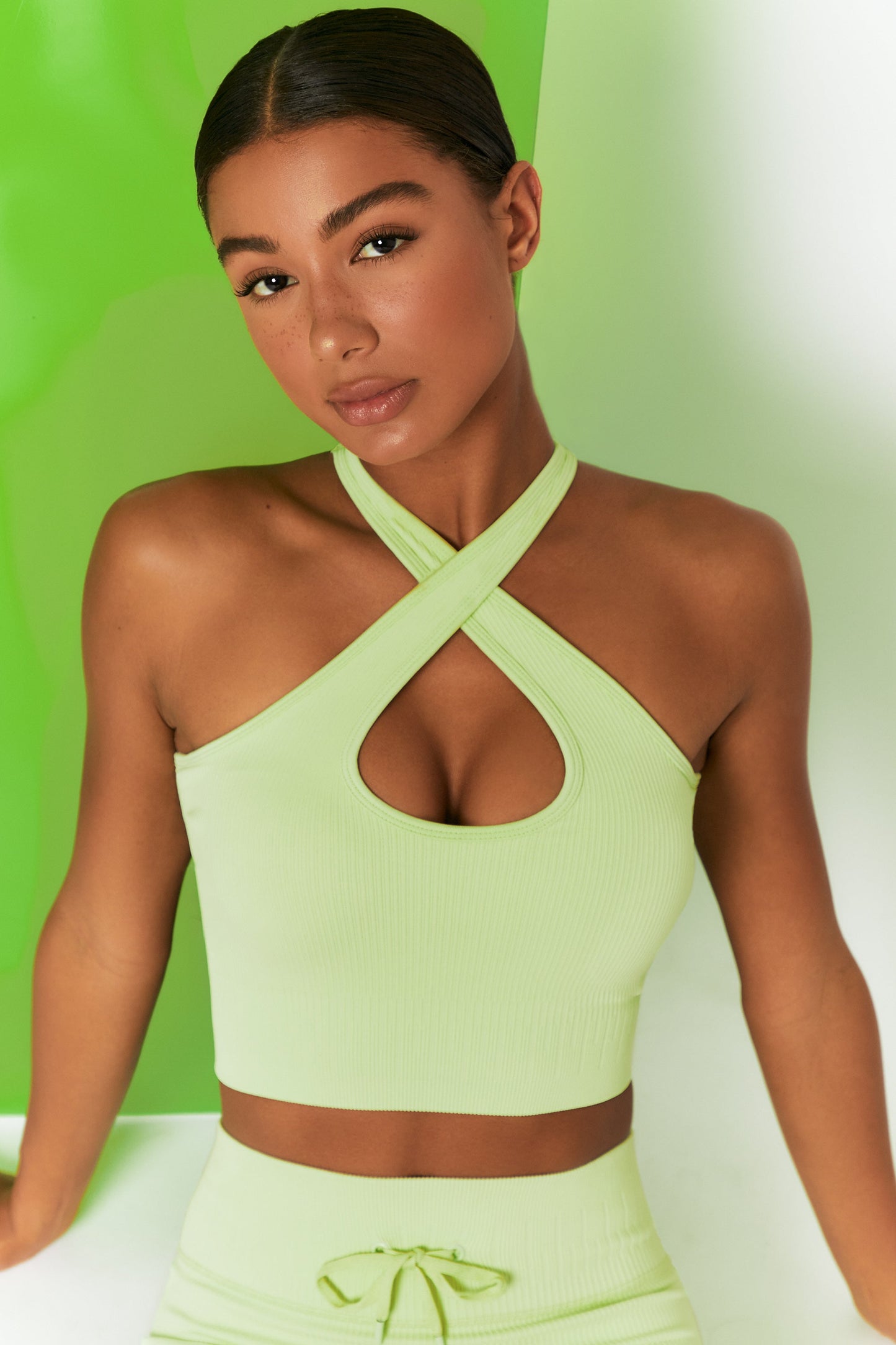 Ribbed Halter Crop Top in Lime