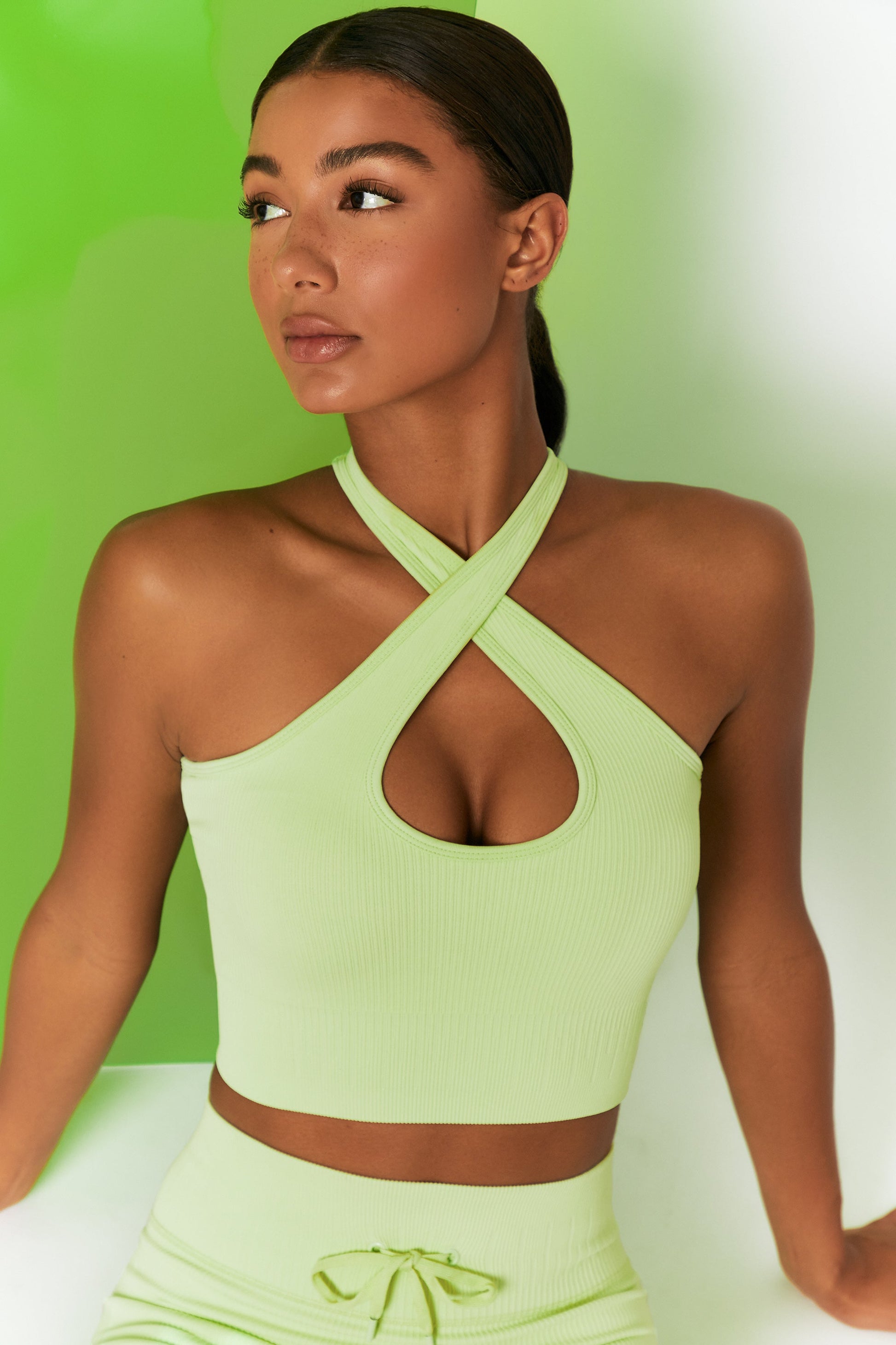 Ribbed Halter Crop Top in Lime