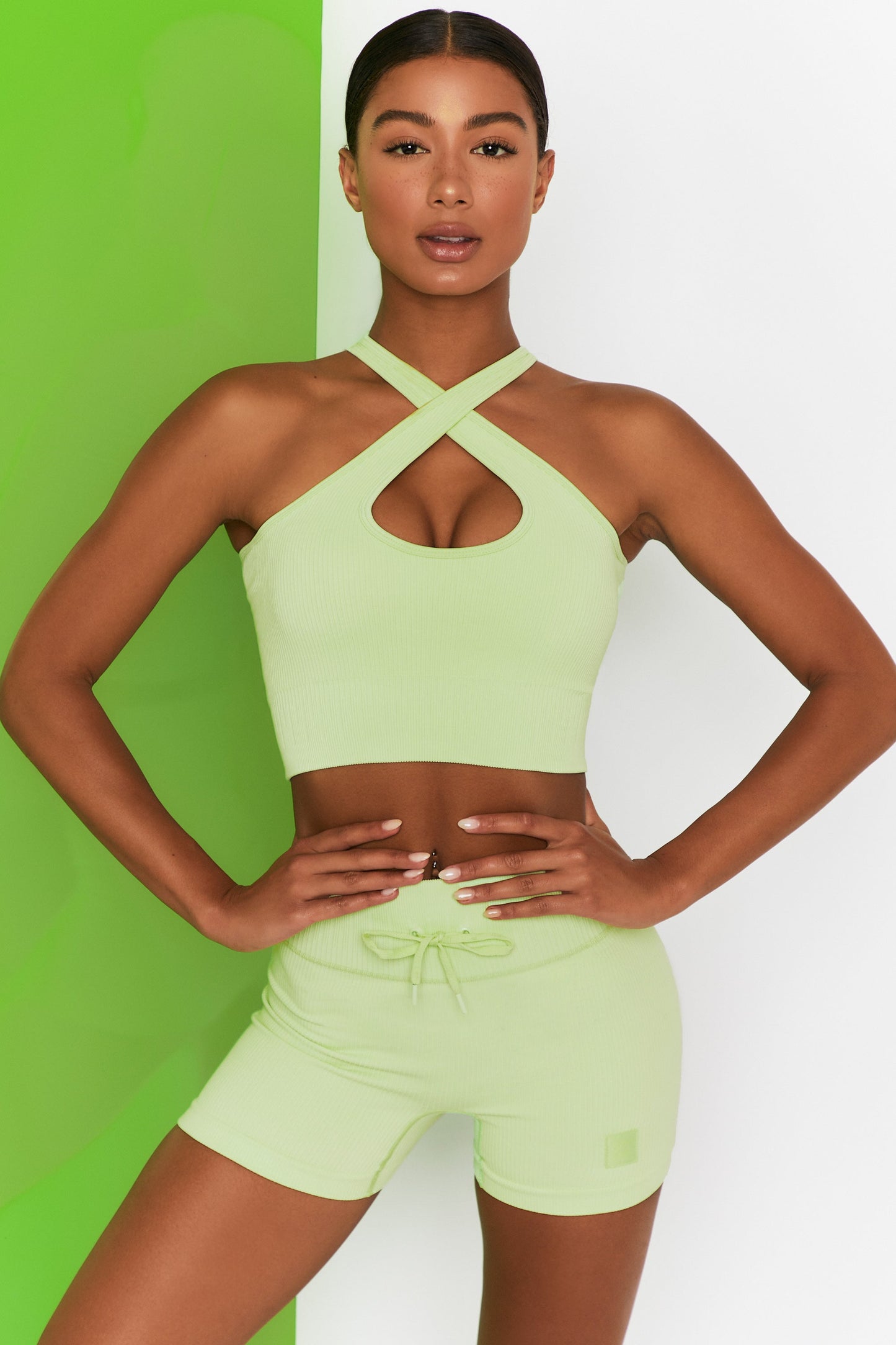 Ribbed Halter Crop Top in Lime