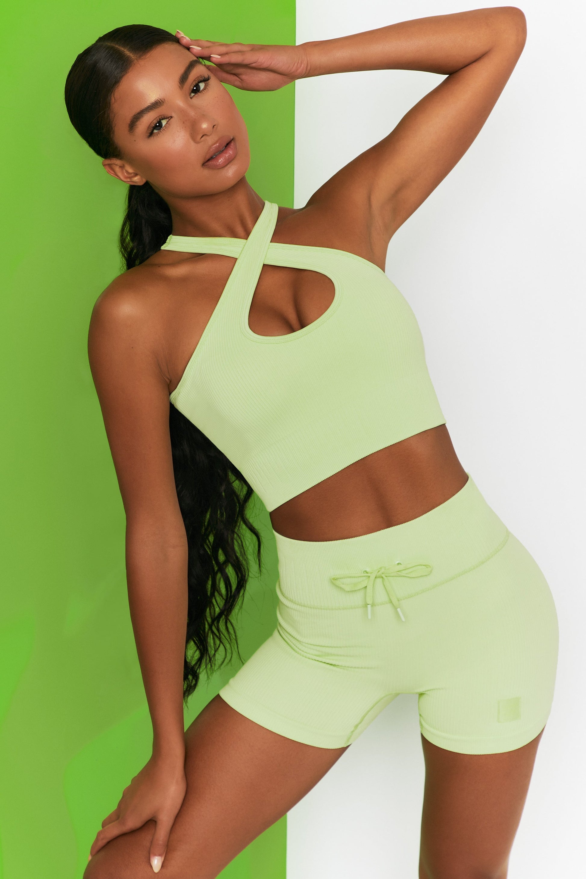 Ribbed Halter Crop Top in Lime