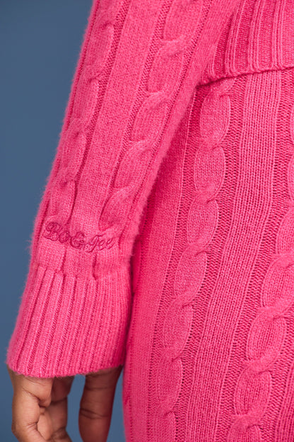 Cable-Knit Zip-Up Hoodie in Hot Pink