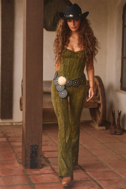 Lace-Up Ruffled Flared Jumpsuit in Green Print