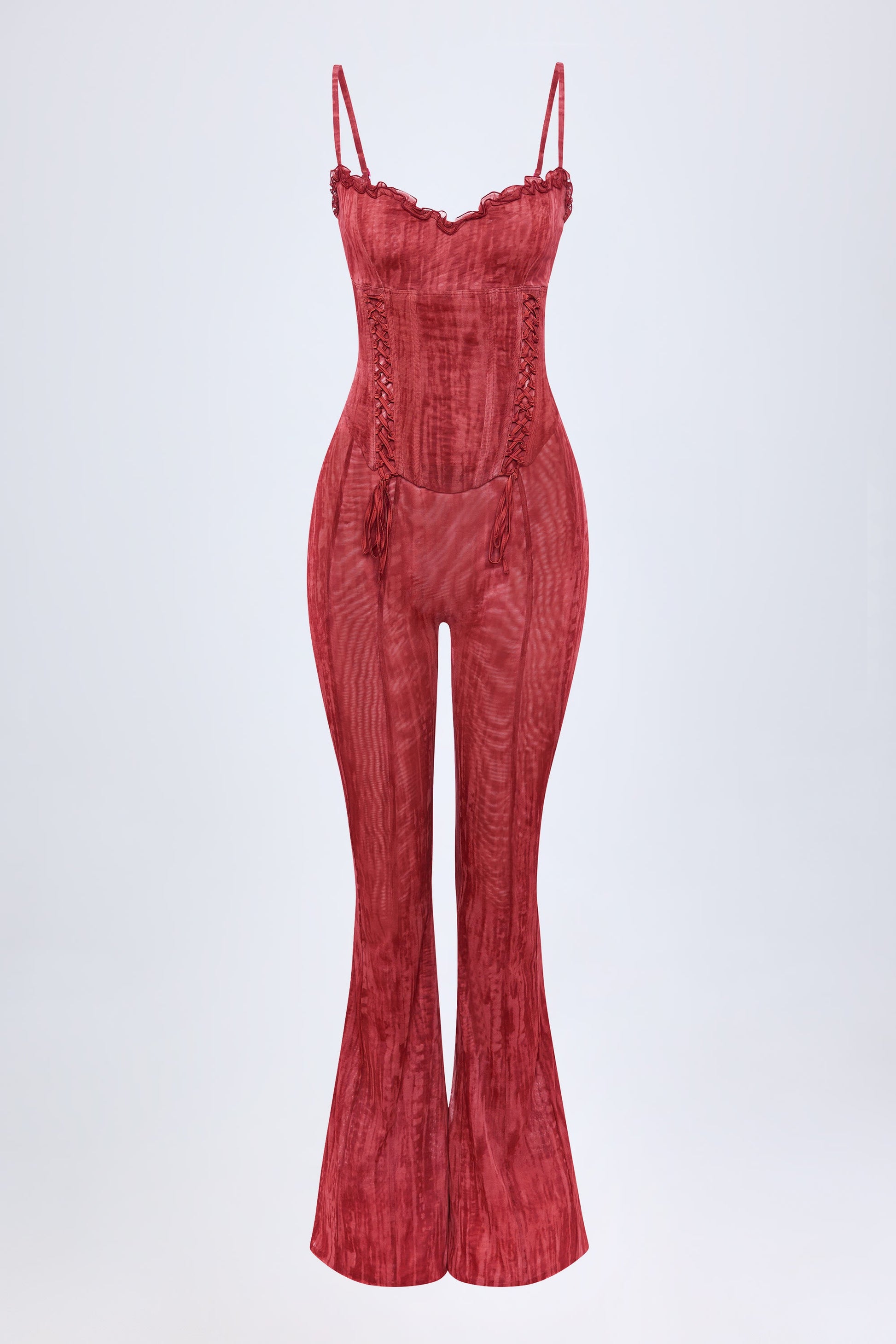 Lace-Up Ruffled Flared Jumpsuit in Red Print