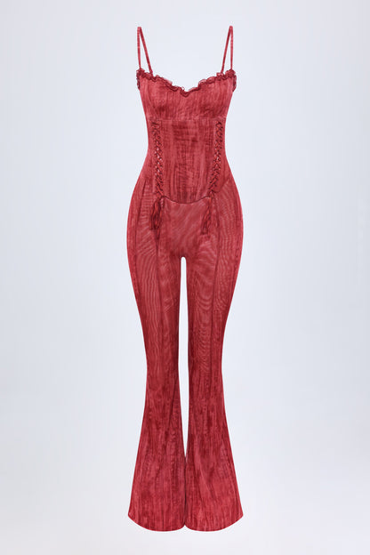 Lace-Up Ruffled Flared Jumpsuit in Red Print