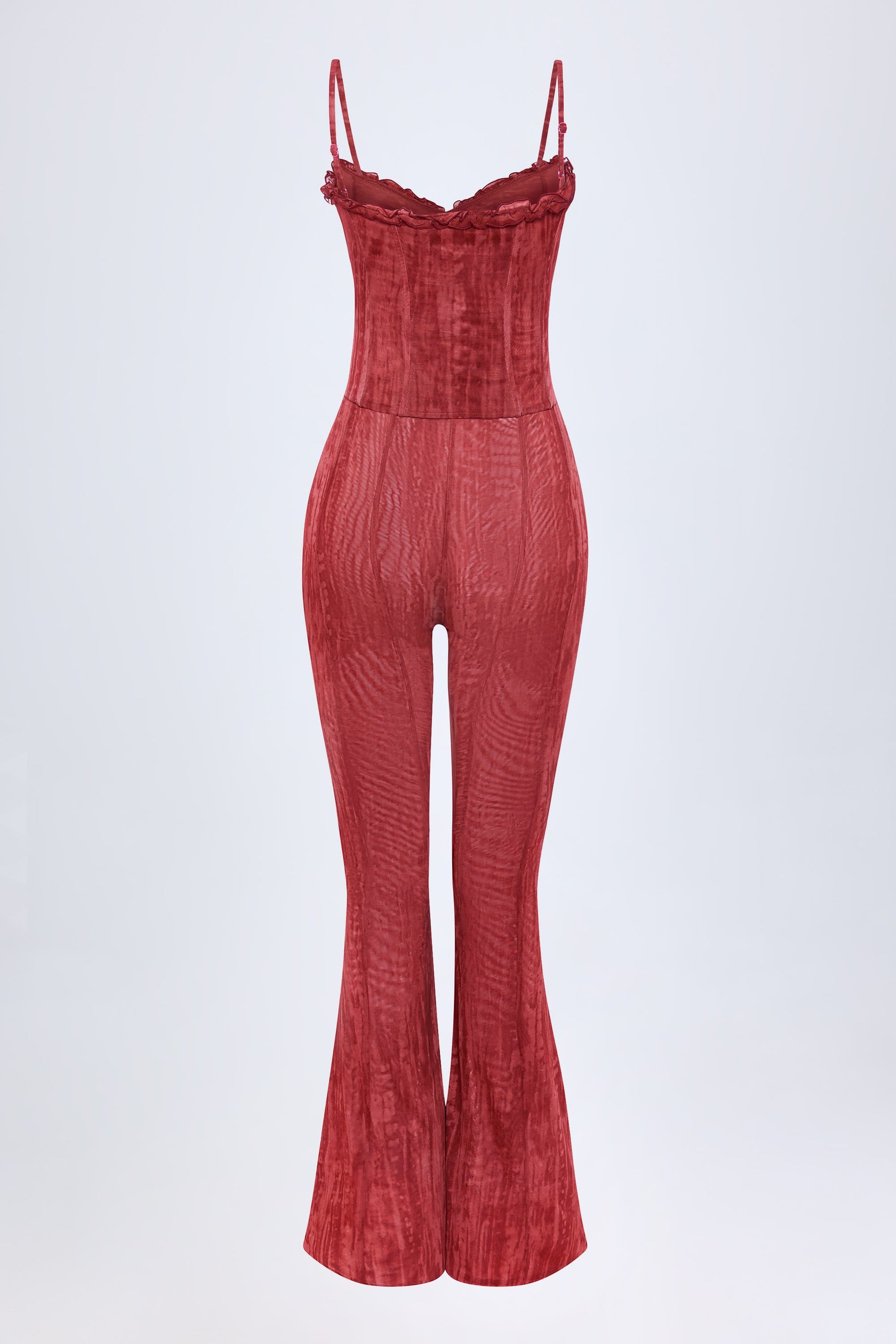 Lace-Up Ruffled Flared Jumpsuit in Red Print
