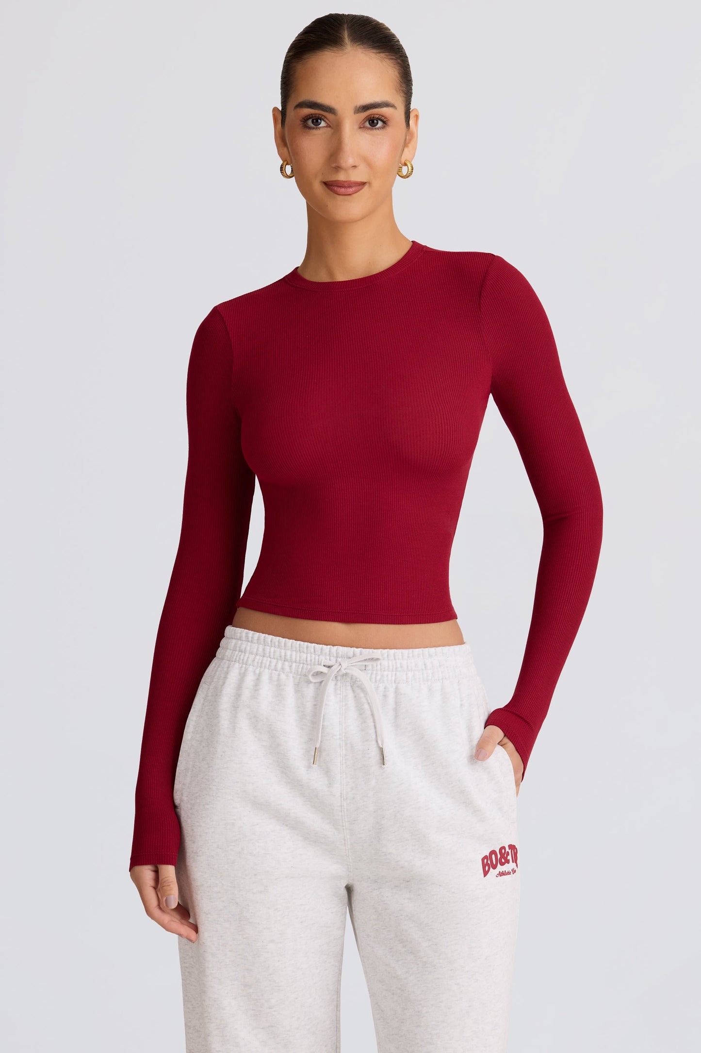Ribbed Modal Long-Sleeve Top in Burgundy