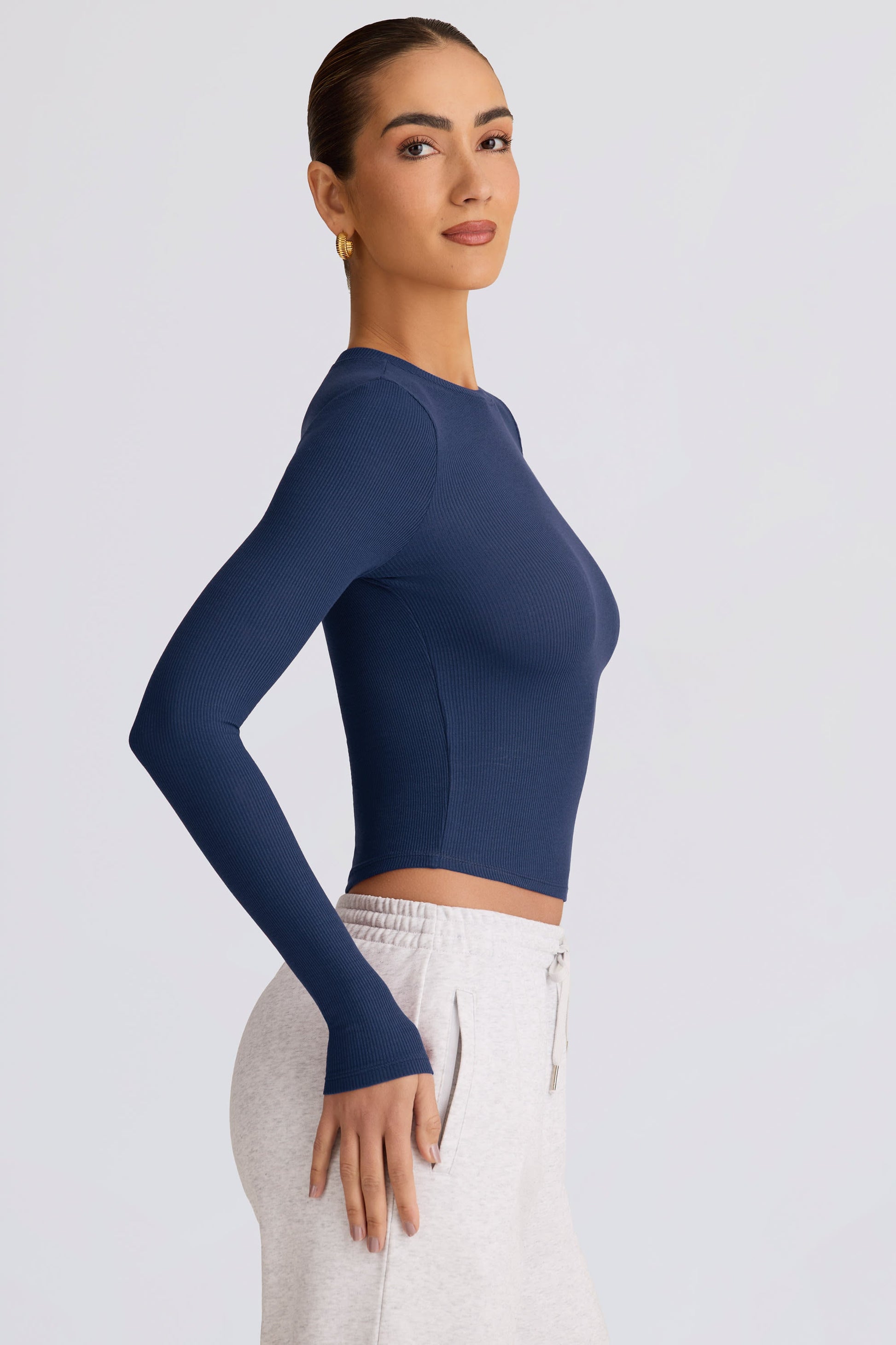 Ribbed Modal Long-Sleeve Top in Dark Navy