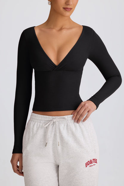 Ribbed Modal Ruched V-Neck Top in Black