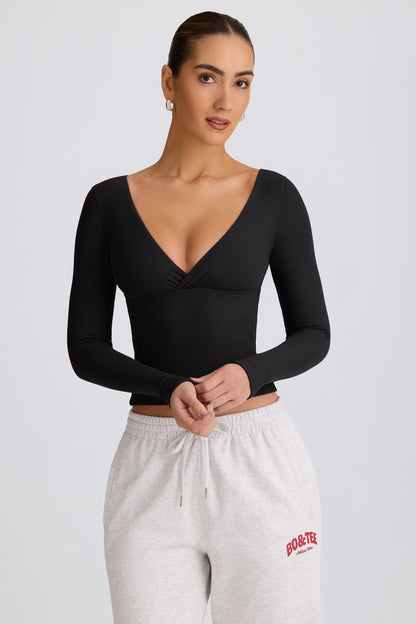 Ribbed Modal Ruched V-Neck Top in Black