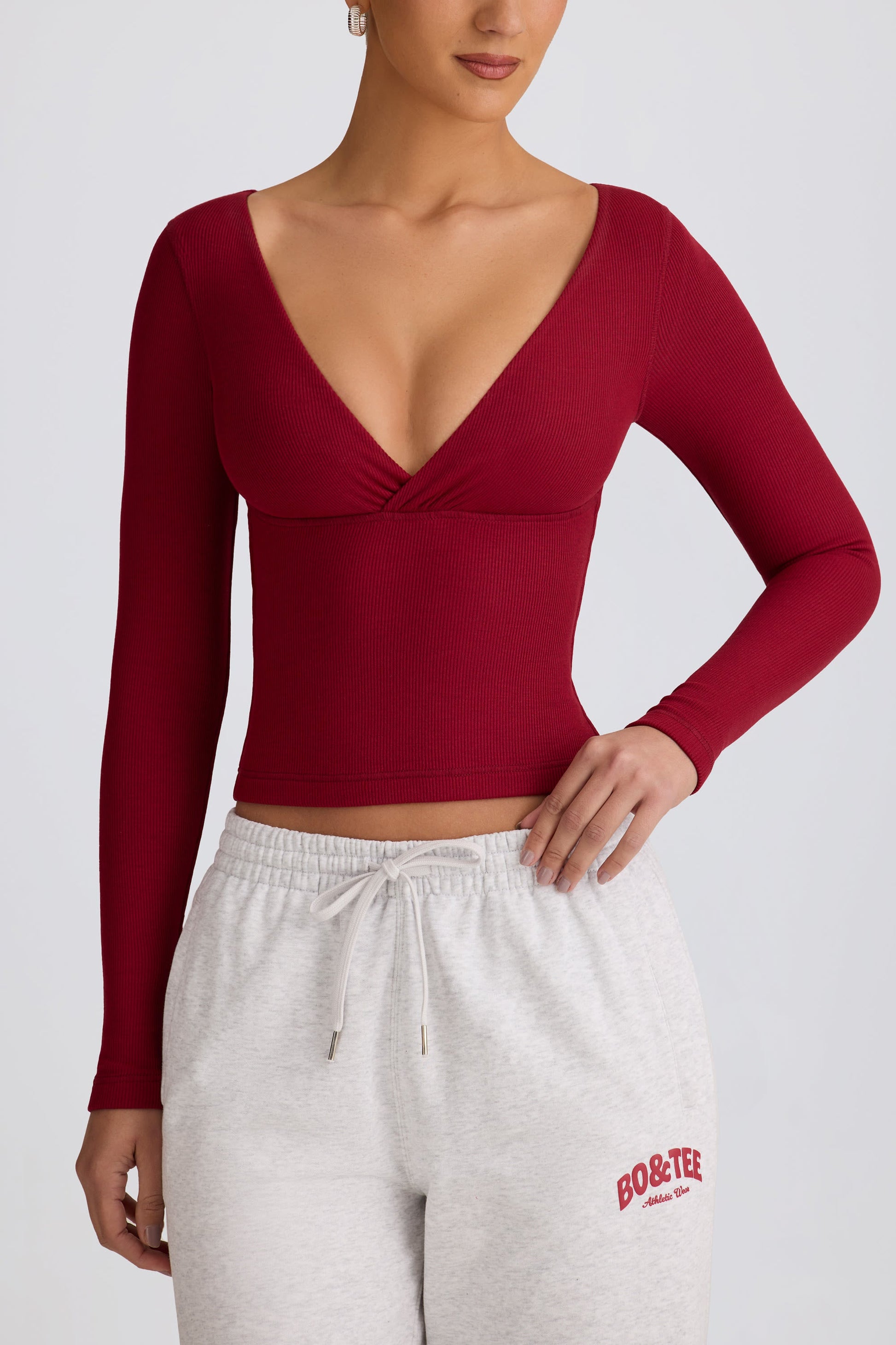 Ribbed Modal Ruched V-Neck Top in Burgundy