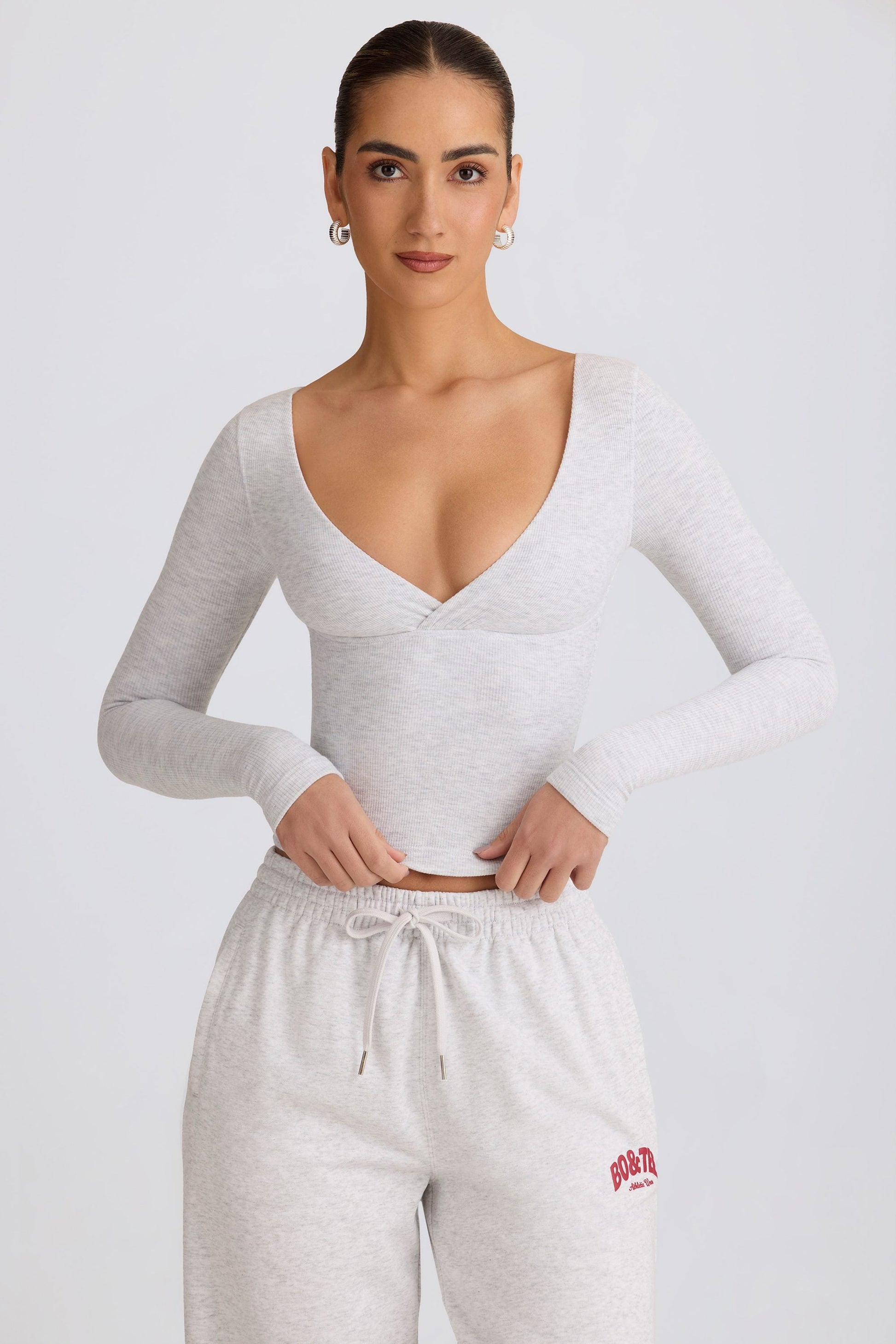 Ribbed Modal Ruched V-Neck Top in Grey Marl