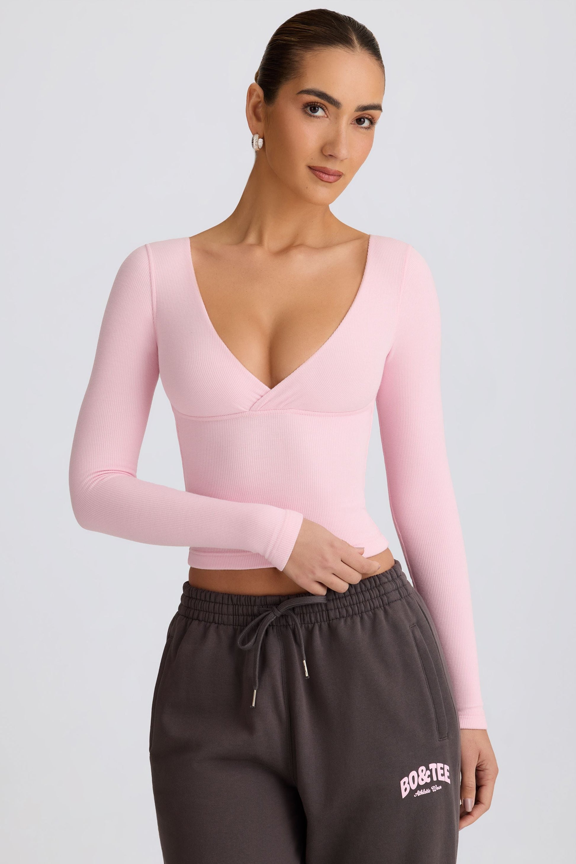 Ribbed Modal Ruched V-Neck Top in Soft Pink