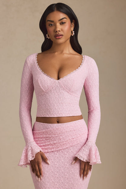 Ruffle Long-Sleeve Lace Top in Soft Pink