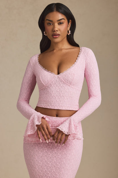 Ruffle Long-Sleeve Lace Top in Soft Pink