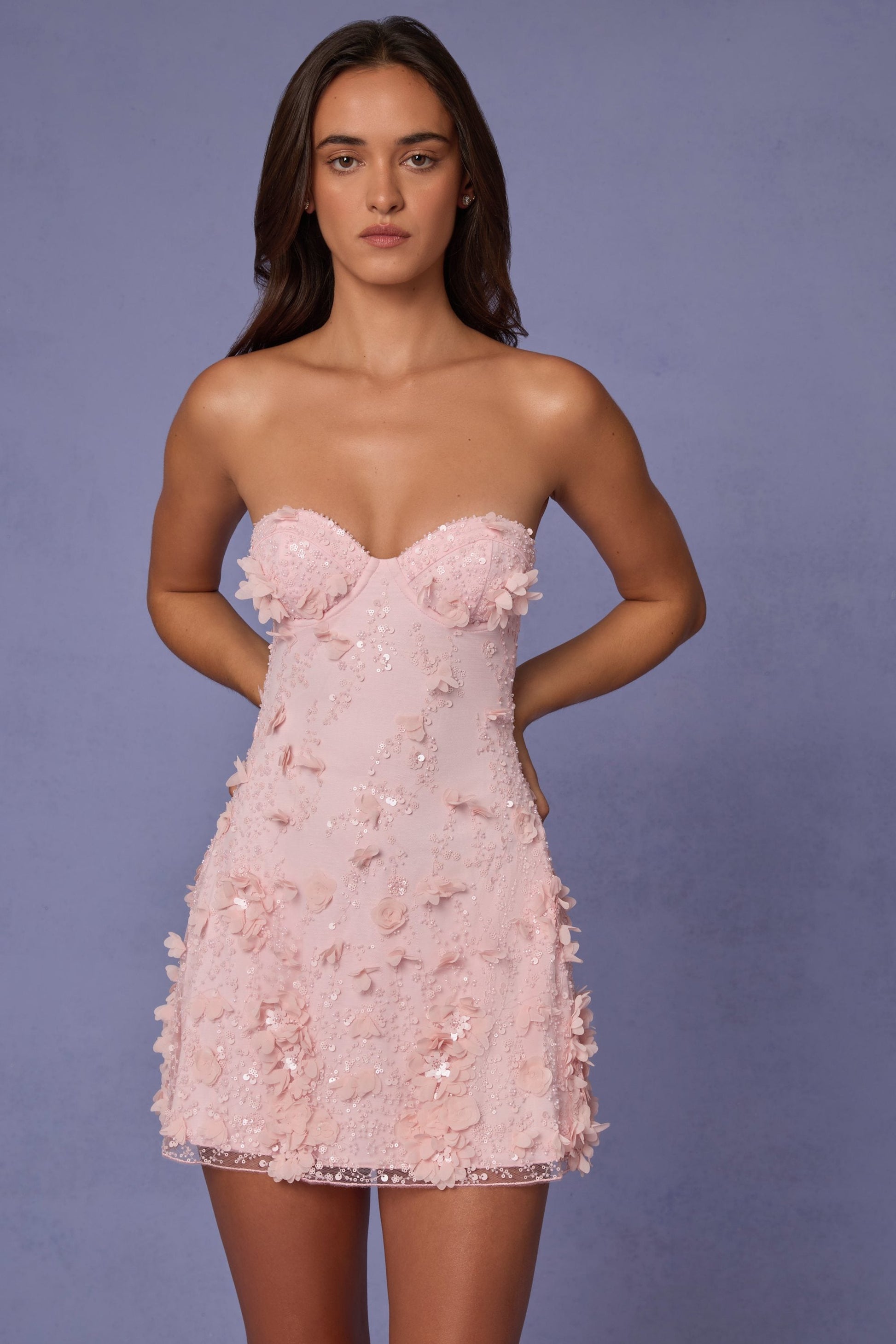 Embellished Bandeau A-line Mini Dress in Soft Pink