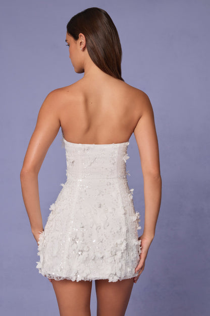Embellished Bandeau A-line Mini Dress in White