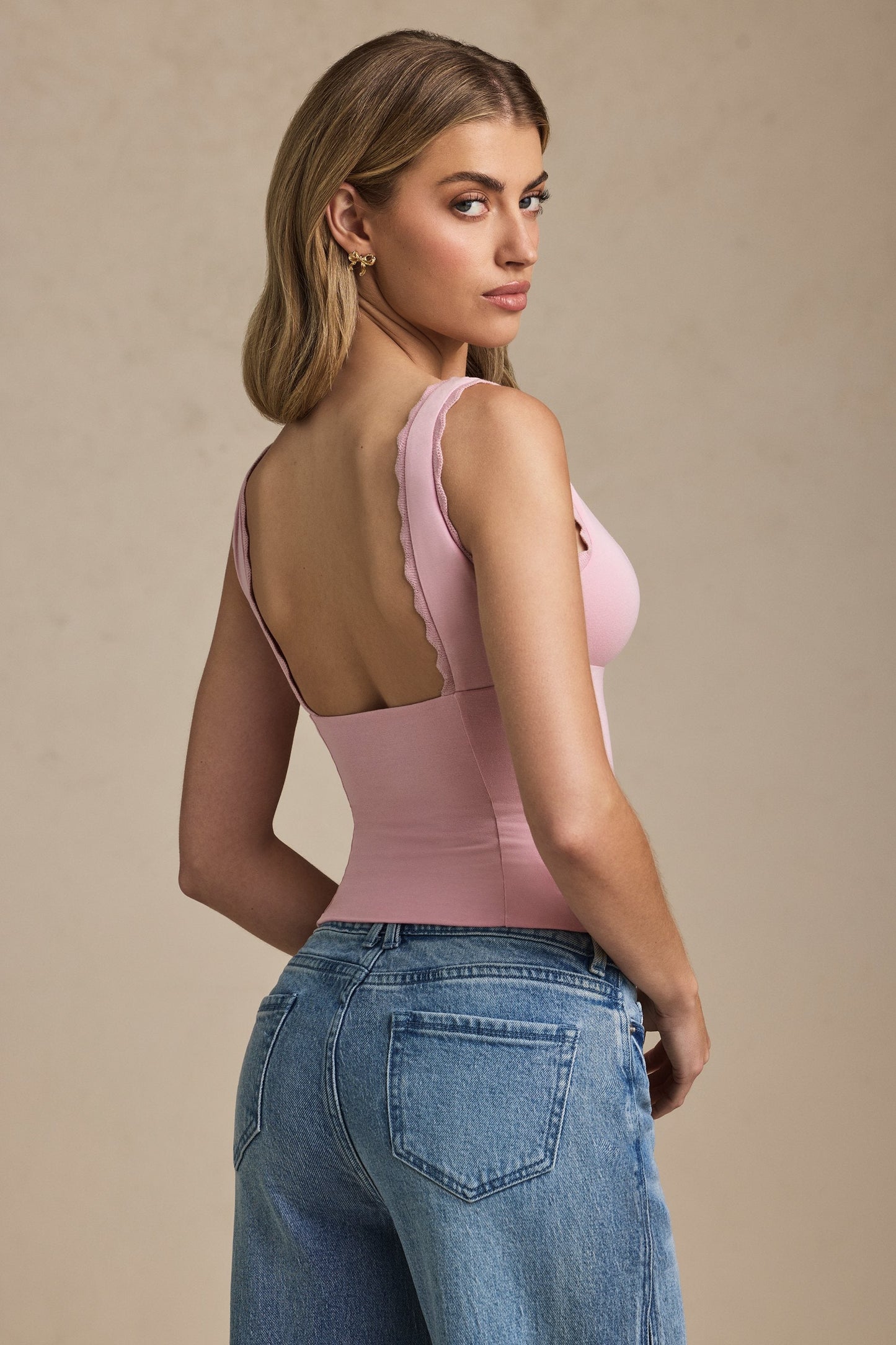 Plunge-Neck Scallop-Trim Tank Top in Soft Pink