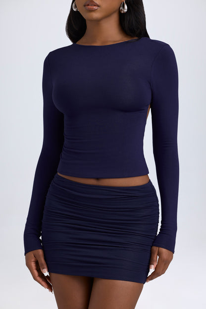 Modal High Neck Long Sleeve Open Back Top in True Navy