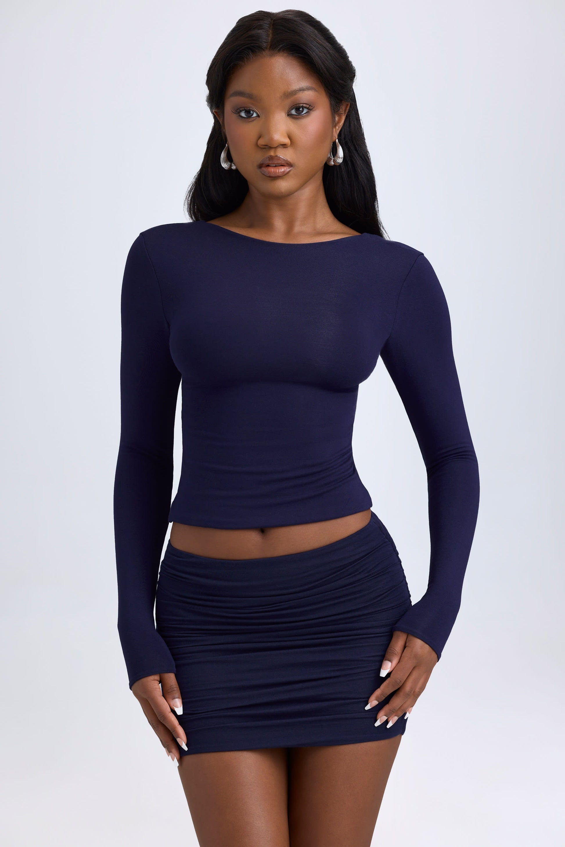 Modal High Neck Long Sleeve Open Back Top in True Navy