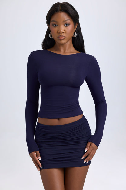 Modal High Neck Long Sleeve Open Back Top in True Navy