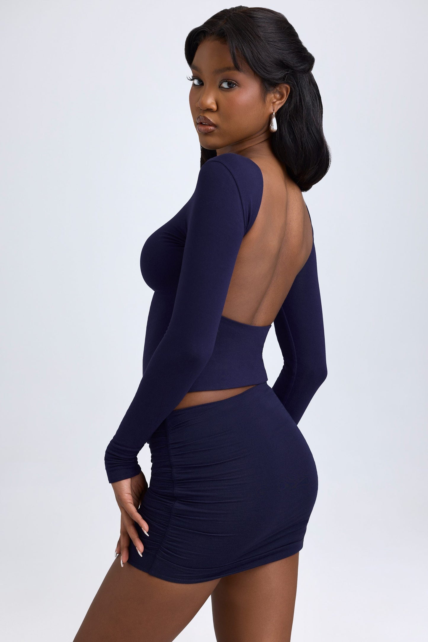 Modal High Neck Long Sleeve Open Back Top in True Navy