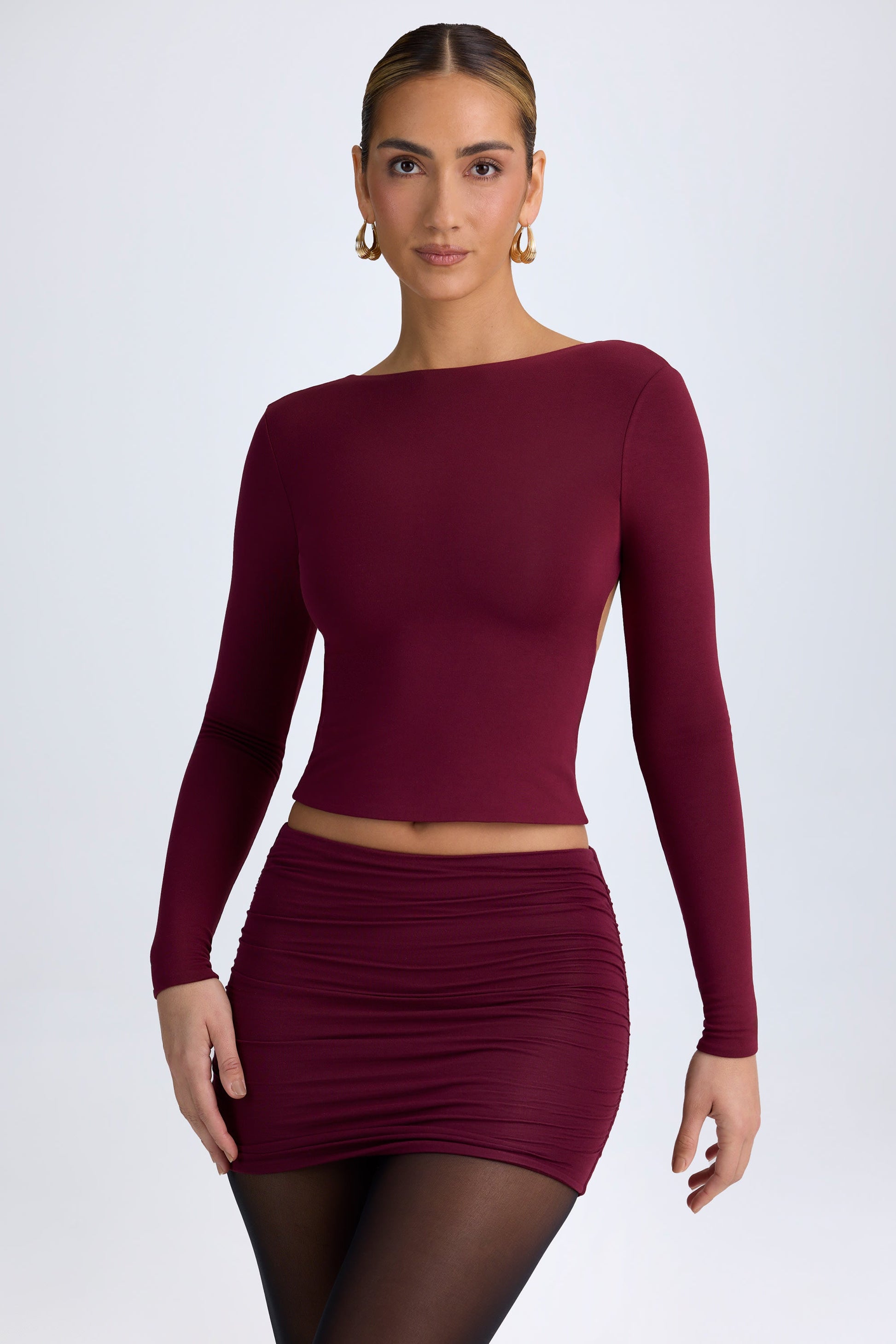 Modal High Neck Long Sleeve Open Back Top in Wine Red