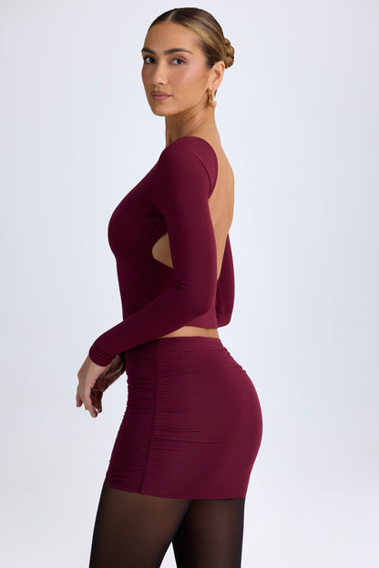Modal High Neck Long Sleeve Open Back Top in Wine Red