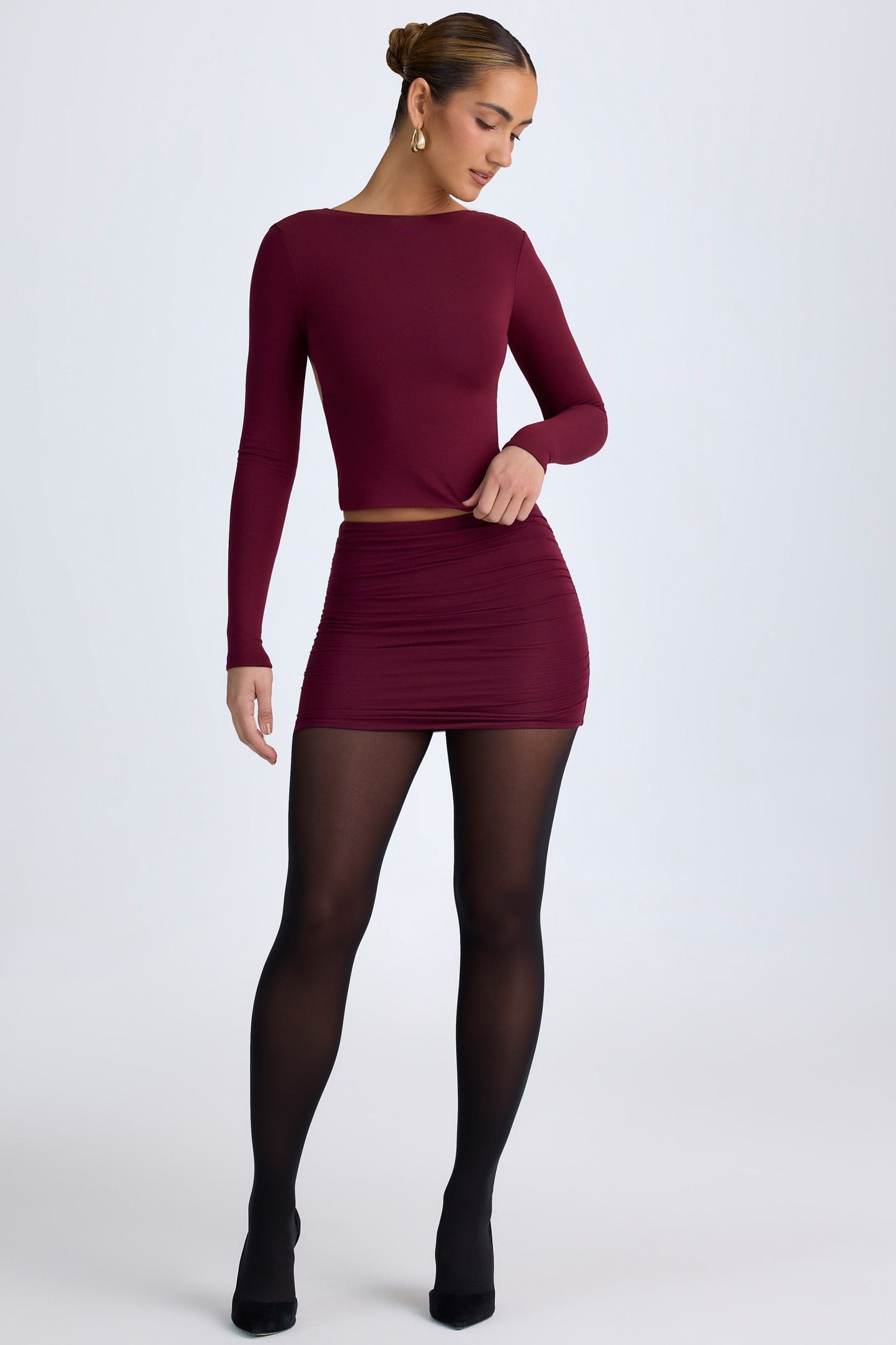 Modal High Neck Long Sleeve Open Back Top in Wine Red