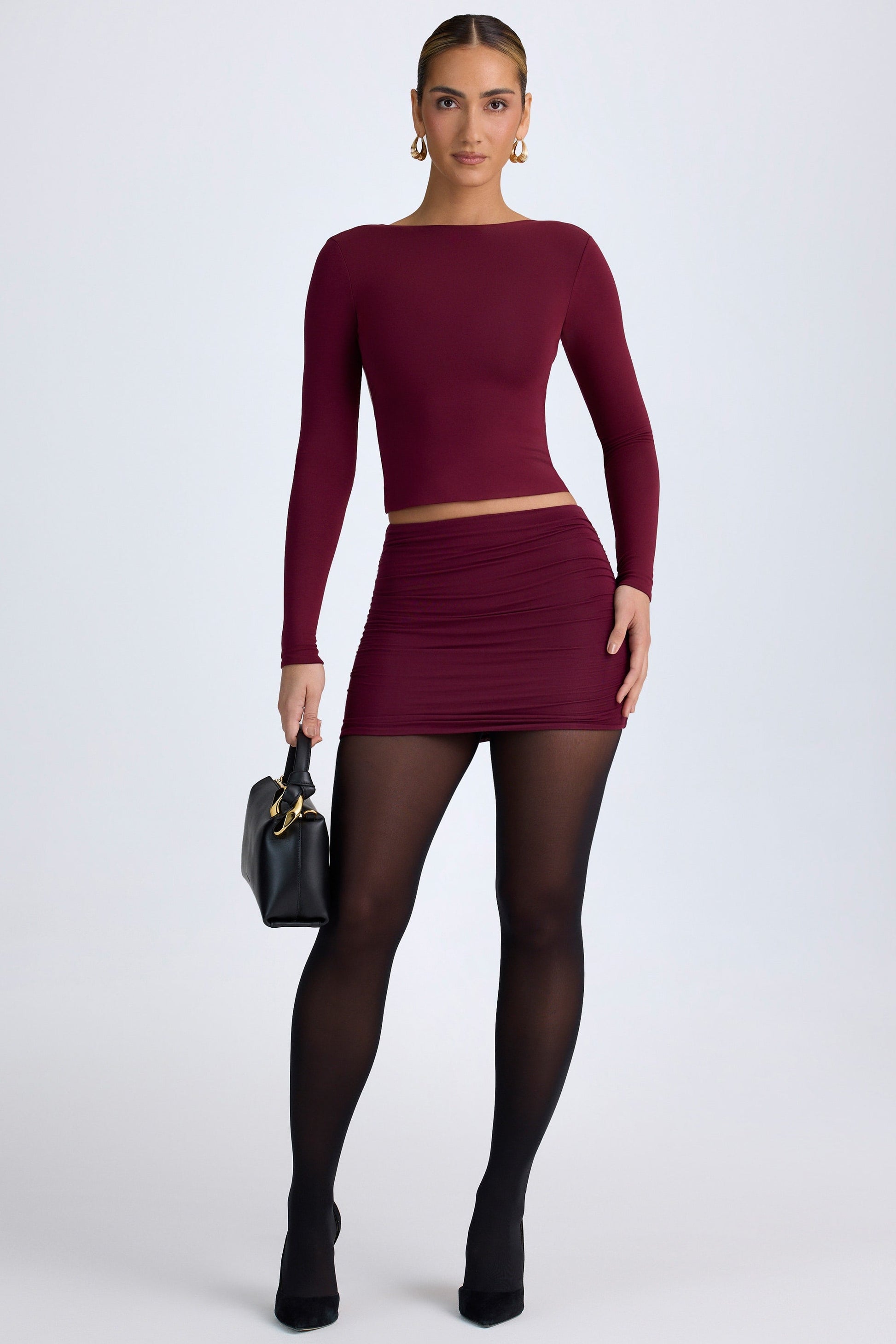 Modal High Neck Long Sleeve Open Back Top in Wine Red
