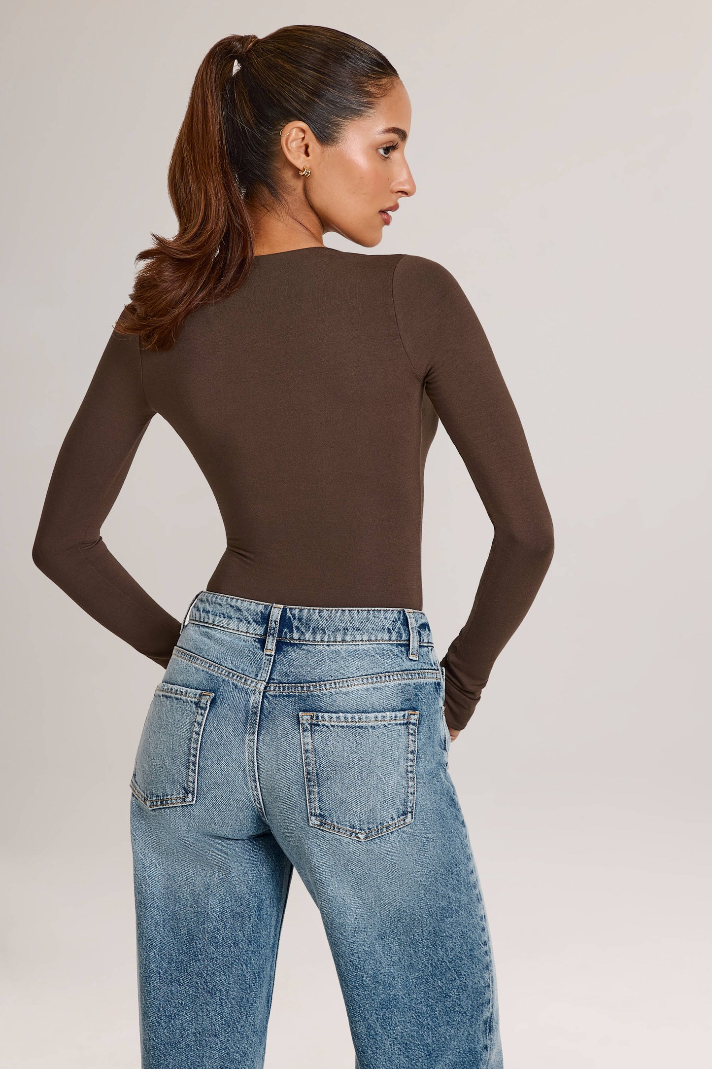 Modal Plunge Long-Sleeve Bodysuit in Chocolate Brown